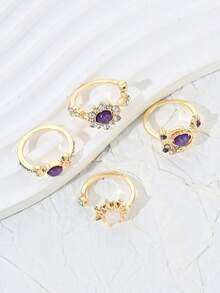 4 piezas/Set Anillos de Cristal de Ópalo con Sol, Luna y Estrella Chapados en Oro, Anillos Midi Delicados Apilables de Estilo Bohemio, Adecuados como Regalo de Joyería Diaria para Mujeres - Morado Violeta - Ver 2