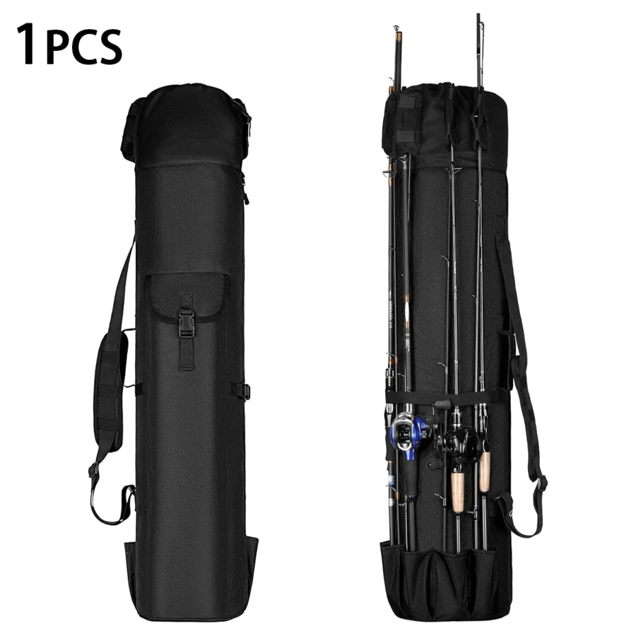 Black Large Capacity Cylindrical Fishing Rod Storage Bag With Adjustable Shoulder Strap, Multi-Slot Waterproof Fishing Gear Carry Case - Black - View 1