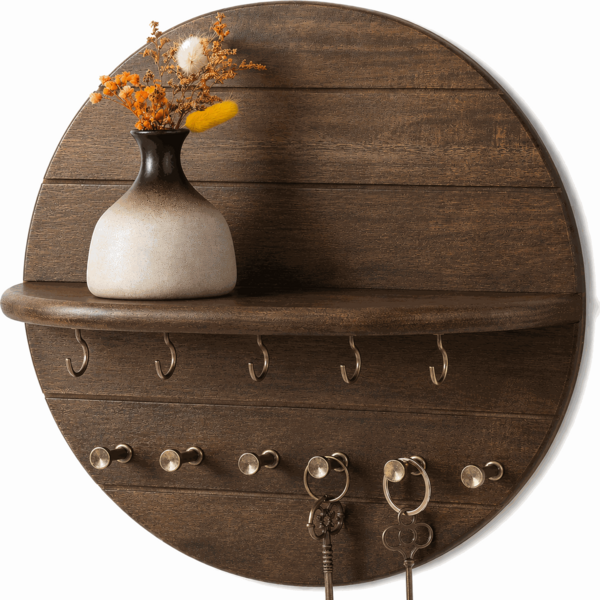 Wood Decorative Key Holder Wall Mount For Home Decor Farmhouse Round Design With Shelf & 11 Hooks Rustic Mail Organizer For Apartment Entryway Storage Solution Wooden Rack Housewarming Gift