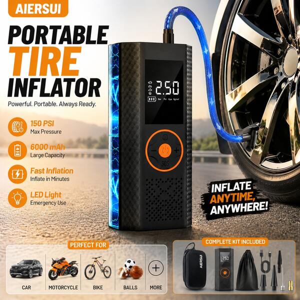 150PSI Portable Air Compressor, Tire Inflator, Car Jump Starter, With Tire Pressure Gauge And LED Display - 3x Speed One-Key Smart Wireless Tire Inflator