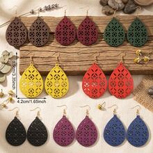 4 Pairs/Set, Multi-Color Geometric Hollow Wooden Water Drop Laser Engraved Women's Earrings - Gold Hoop Earrings - View 7