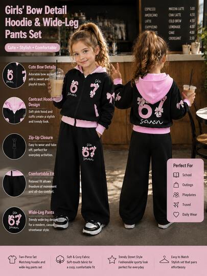 Girls Sweet Cool Black & Pink Set, Number 67 Bow Print Hooded Zip-Up Jacket + Wide Leg Pants 2pcs Set, Spring/Autumn Casual Young Girl Sports Outfit