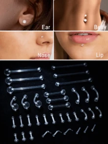 36Pcs/Set Clear Piercing Jewelry Plastic Earrings Nose Rings Studs Septum Belly Button Ring Piercing Retainers For Surgery Work Sports Back To School - Clear - View 1