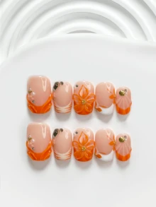 10片鮮豔手工穿戴式美甲，Polygel美甲套組，花卉、手工雕花、條紋花朵，橘色指甲油，復古風，含美甲工具，3種尺寸可選，方形、短方形、杏仁形，適合派對、舞蹈、日常穿戴 - 彩色 - 查看 13