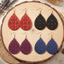 4 Pairs/Set, Multi-Color Geometric Hollow Wooden Water Drop Laser Engraved Women's Earrings - Gold Hoop Earrings - View 9