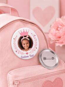 1pc Personalized Photo Button Badge, Custom Text Princess Crown Round Pin With Metal Back, Cute Keepsake For Girls, Birthday Party, School Bag, Clothi - Multicolor - View 4