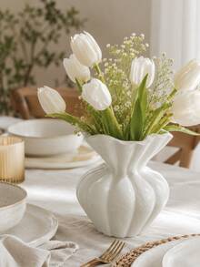 Modern White Vase For Home Decor, Nordic Style Ribbed Flower Vase With Organic Fluted Shape, Elegant Accent For Coffee Table, Console Table, Bookshelf, Mantel, Living Room, Wedding And Housewarming Gift - Multicolor - View 2