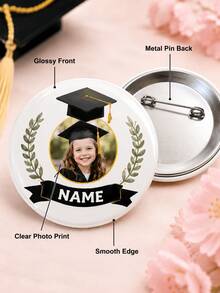 1 pieza Insignia de foto de graduación personalizada, botón redondo con nombre personalizado con diseño de birrete de graduado y laurel, recuerdo conmemorativo para jardín de infancia, preescolar - Multicolor - Ver 6