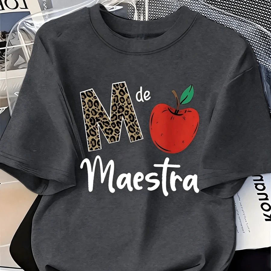 "Teacher" T-Shirt With Apple And Leopard Print For Teachers, Casual Wear - 深灰色 - 查看 1