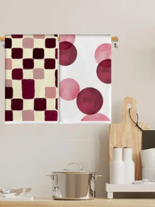 2PCS Burgundy Check Pink Watercolor Polka Dot Kitchen Towels, Abstract Geometric Print Absorbent Modern Farmhouse Thanksgiving Holiday Dish Hand Towels Kitchen Decor Gift - Multicolor - View 7