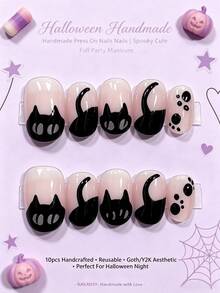 nailrosy 10對手工壓貼式短圓形美甲片｜黑色可愛貓咪風，婚禮必備生日禮物，白色裸色粉色透明色，日常使用 - 彩色 - 查看 11