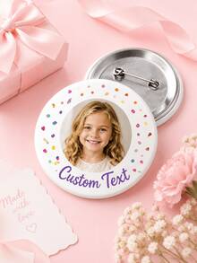 1pc Custom Photo Confetti Button Badge, Personalized Round Pin With Picture And Custom Text, Cute Colorful Dot Design, Glossy Tinplate Brooch For Kids - Multicolor - View 4