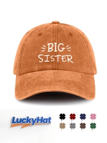 1件中性款水洗復古棒球帽「BIG SISTER」手繪標語印花可調節做舊復古Dad Hat，適合休閒家庭穿搭 - SISTER - 查看 7