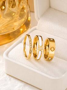 304 Stainless Steel 18K Gold Plated Stackable Ring Set, 3-Piece Gold Ring Set, Women's Style Design, Hypoallergenic Minimalist Jewelry, Perfect Mother's Day Gift, Summer Vacation Accessory - Star - View 9