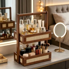 1PC Double Layer Woven Rattan Desktop Storage Rack, Storage Basket, Handheld Makeup Skincare Lipstick Organizer Tray, Home Bedroom Vanity Makeup Table Jewelry Storage Box, Desktop Sundries Aromatherapy Storage Basket, Nordic Minimalist Home Decor Ornament, Jewelry Necklace Ring Jewelry Box, Suitable For Vanity, Desk, Bathroom Countertop, Girls Makeup Supplies Storage Organizer Basket, Christmas Halloween Holiday Gift Multi-Functional Desktop Layered Storage Rack - Multicolor - View 7