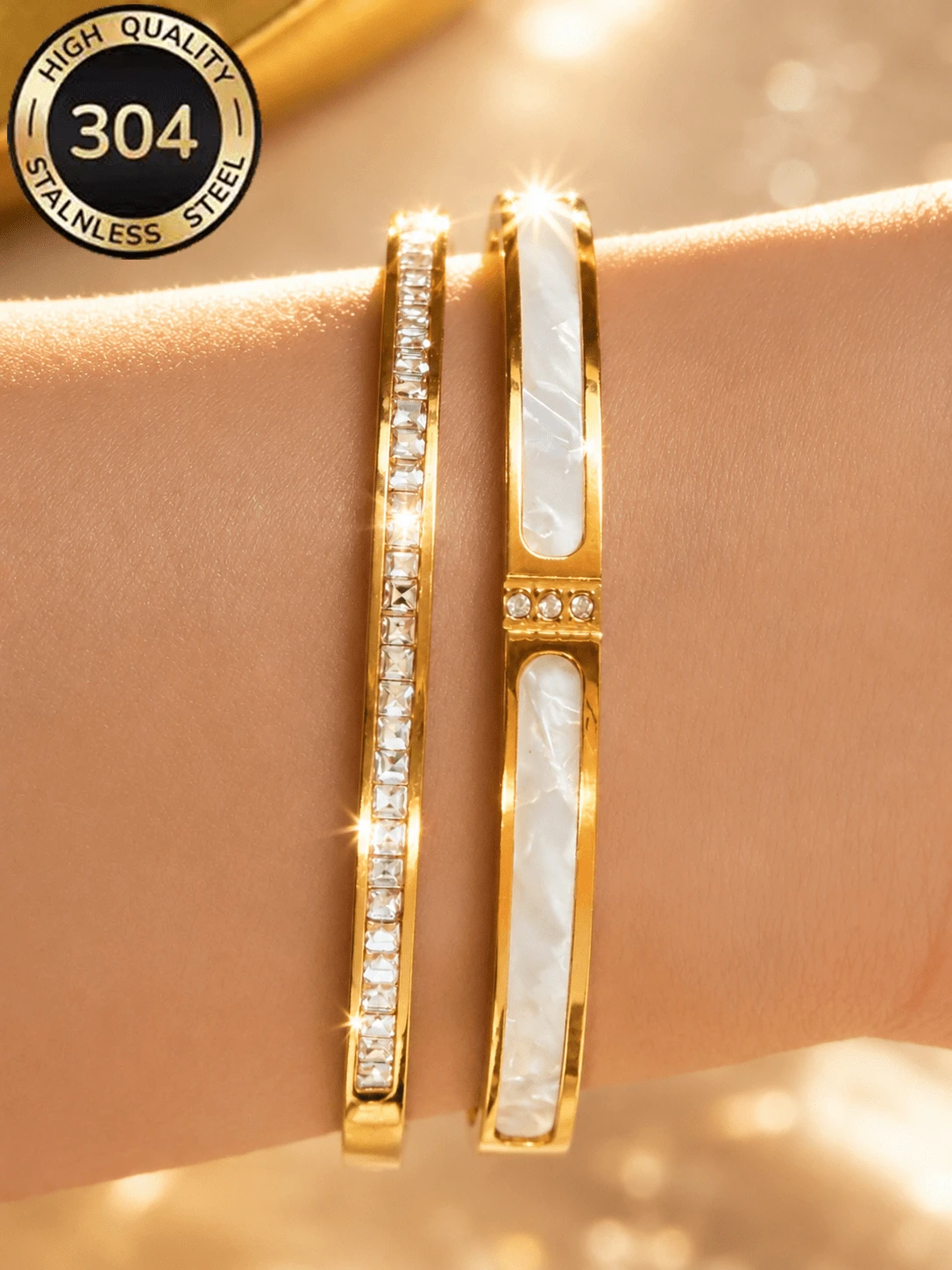 ZCNC Znice Fashion Stainless Steel 18K Gold Plated Women's Rhinestone Bracelet With White Decorative Mother Of Pearl, Sparkling Square Diamond Bracelet Set, Suitable For Women's Daily Wear, Holiday Gift, Fashion Women's Bracelet Set