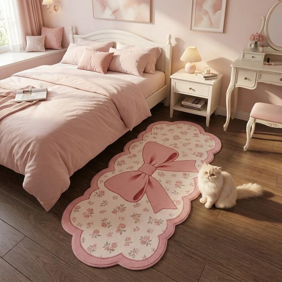 1pc, Washable 950g Faux Cashmere Cute Bow Asymmetrical Decorative Rug, Non-Slip Polyester Fiber Bottom, 7mm Overall Thickness, Suitable For Living Room, Bedroom, Entryway, Small Rug, Decorative Rug, Passage Rug, Halloween, Gift, All-Season, Platform New Style, Easy To Clean - Pink - View 1