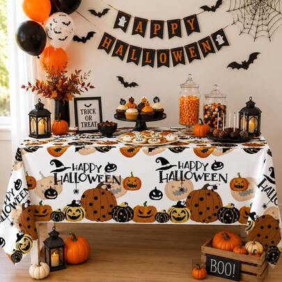 Halloween Pumpkin Disposable Plastic Tablecloth, White Orange Black Pumpkin Lantern, Witch Hat And Spider Print Rectangular Table Cover, Suitable For Halloween Dessert Table, Indoor And Outdoor Party Decoration