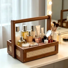 1PC Double Layer Woven Rattan Desktop Storage Rack, Storage Basket, Handheld Makeup Skincare Lipstick Organizer Tray, Home Bedroom Vanity Makeup Table Jewelry Storage Box, Desktop Sundries Aromatherapy Storage Basket, Nordic Minimalist Home Decor Ornament, Jewelry Necklace Ring Jewelry Box, Suitable For Vanity, Desk, Bathroom Countertop, Girls Makeup Supplies Storage Organizer Basket, Christmas Halloween Holiday Gift Multi-Functional Desktop Layered Storage Rack - Multicolor - View 5