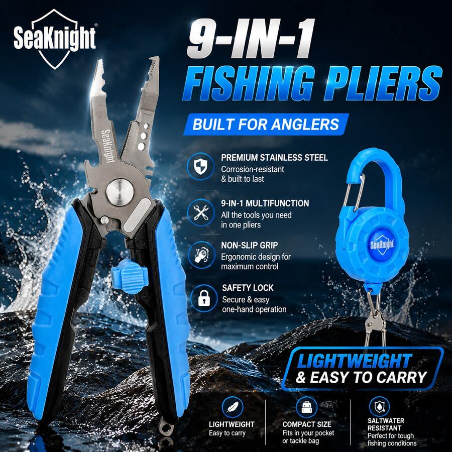 SeaKnight Multifunctional Fishing Pliers 9-In-1 Stainless Steel Fish Line Cutter Hook Remover Saltwater Resistant Fishing Tool With Retractable Lanyard - Blue - View 1