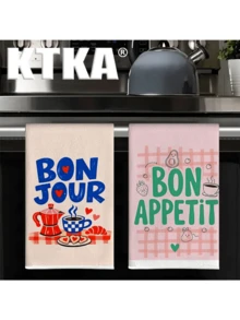 2件組 Bon Jour Bon Appetit 法文語錄廚房抹布，咖啡、可頌、酪梨、水果印花鄉村風抹布，廚房裝飾禮品 - 粉色 - 查看 3