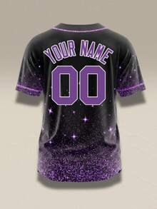 Custom Purple Glitter Baseball Jersey Personalized Name Number Black Sparkle Starry Gameday Shirt Shiny Stripe Button Up Uniform - Black - View 4