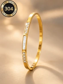 ZCNC Znice Fashion Stainless Steel 18K Gold Plated Rhinestone Bracelet With White Decorative Mother Of Pearl Bracelet Set, Suitable For Women's Daily Wear, Holiday Gift, Fashion Women's Bracelet Set - Gold - View 8