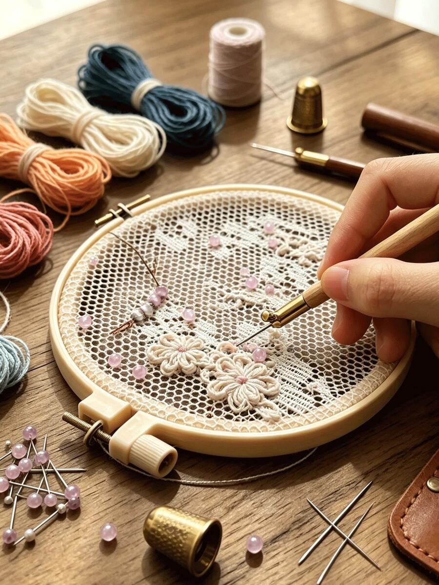 Wooden Handle French Embroidery Crochet Hook Set, Equipped With 0.8/1.0/1.2mm Three Interchangeable Needle Heads, Bead Embroidery, Reverse Embroidery, High-End Silk Embroidery And Other Craft Tools, Suitable For Clothing Modification, Lace Handmade And Handmade Jewelry Making, Essential Handmade Accessories For Clothing Decoration Enthusiasts - French Crochet - View 1