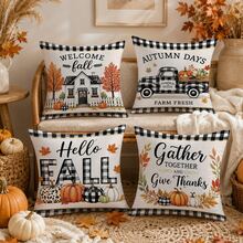Autumn Black And White Plaid Pumpkin Truck Cabin Cushion Cover 4pcs Set, Single-Sided Printed Peach Skin Velvet Polyester Material, 45*45CM/18*18inch Pillowcase Suitable For Room Decoration, Modern Minimalist Sofa Living Room Decor, Gift Giving, Party Decoration - Multicolor - View 1