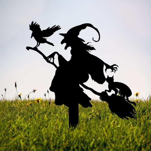 [2D Flat] 1pc Witch Broom Acrylic Garden Stake, Witch Garden Sign, Halloween Decoration Sign, Witch & Cat & Crow Decor, Outdoor Autumn Halloween Gift