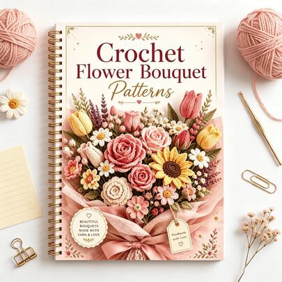 1pc Crochet Flower Bouquet Patterns Spiral Tutorial Book,Rose Tulip Sunflower Daisy Yarn Floral Step-By-Step Guide Journal,Beginner Friendly Handmade Crochet Flower Arrangement Pattern Notebook,DIY Wedding Bouquet Craft Hobby Stationery Gift For Knit