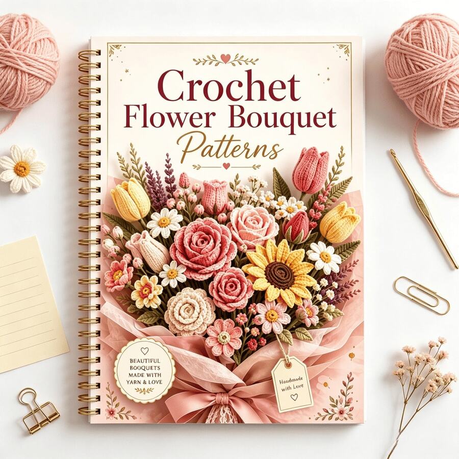 1 Crochet Bouquet Pattern Spiral Tutorial Book, Rose Tulip Sunflower Daisy Yarn Flower Step-By-Step Guide Manual, Suitable For Beginners Handmade Crochet Floral Arrangement Pattern Notebook, DIY Wedding Bouquet Handmade Hobby Stationery Knitting Gift - A - View 1