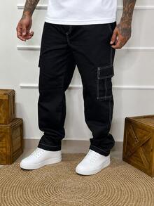 Calça Masculina Cargo Sarja Colorida Cos Elástico Skatista Militar Trilha - Preto e Branco - Visão 3