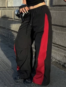 Women's Fashion New Contrast Color Patchwork Pocket Drawstring Casual Pants, Loose Straight Leg Wide Leg Cargo Pants, Versatile Slimming Slouchy For Daily Wear, Vacation, Sports, Dance, Spring Summer Autumn Winter All Seasons - Black and Red - View 2
