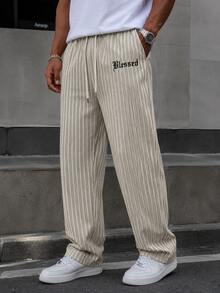 Men's Letter Print Casual Pants, Summer Striped Loose Drape Lazy Wide Leg Long Trousers - Light Grey - View 5