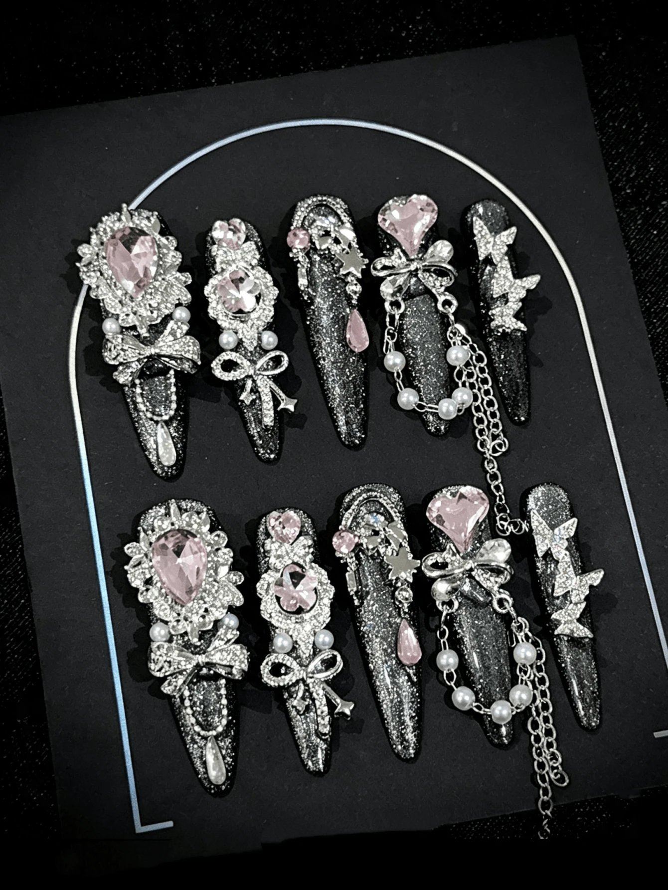 10pcs Black Cat Eye Long European & American Heavy Work Pink Heart Rhinestone Pearl Bow Full Rhinestone Star Handmade Press-On False Nails, Daily Party Slim Long Pointed Removable Wearable Nails, Suitable For Girls With Storage Box As Gift - 銀色 - 查看 1