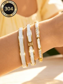 ZCNC Znice Fashion Stainless Steel 18K Gold Plated Rhinestone Bracelet With White Decorative Mother Of Pearl Bracelet Set, Suitable For Women's Daily Wear, Holiday Gift, Fashion Women's Bracelet Set - Gold - View 3