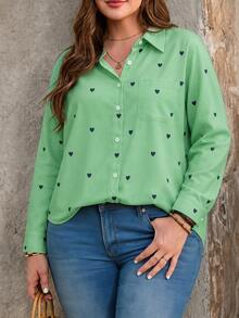 Plus Size Women's Casual Minimalist Heart Print Long Sleeve Button-Up Shirt, Suitable For Autumn Daily Wear And Commute Outfit - Green - View 1