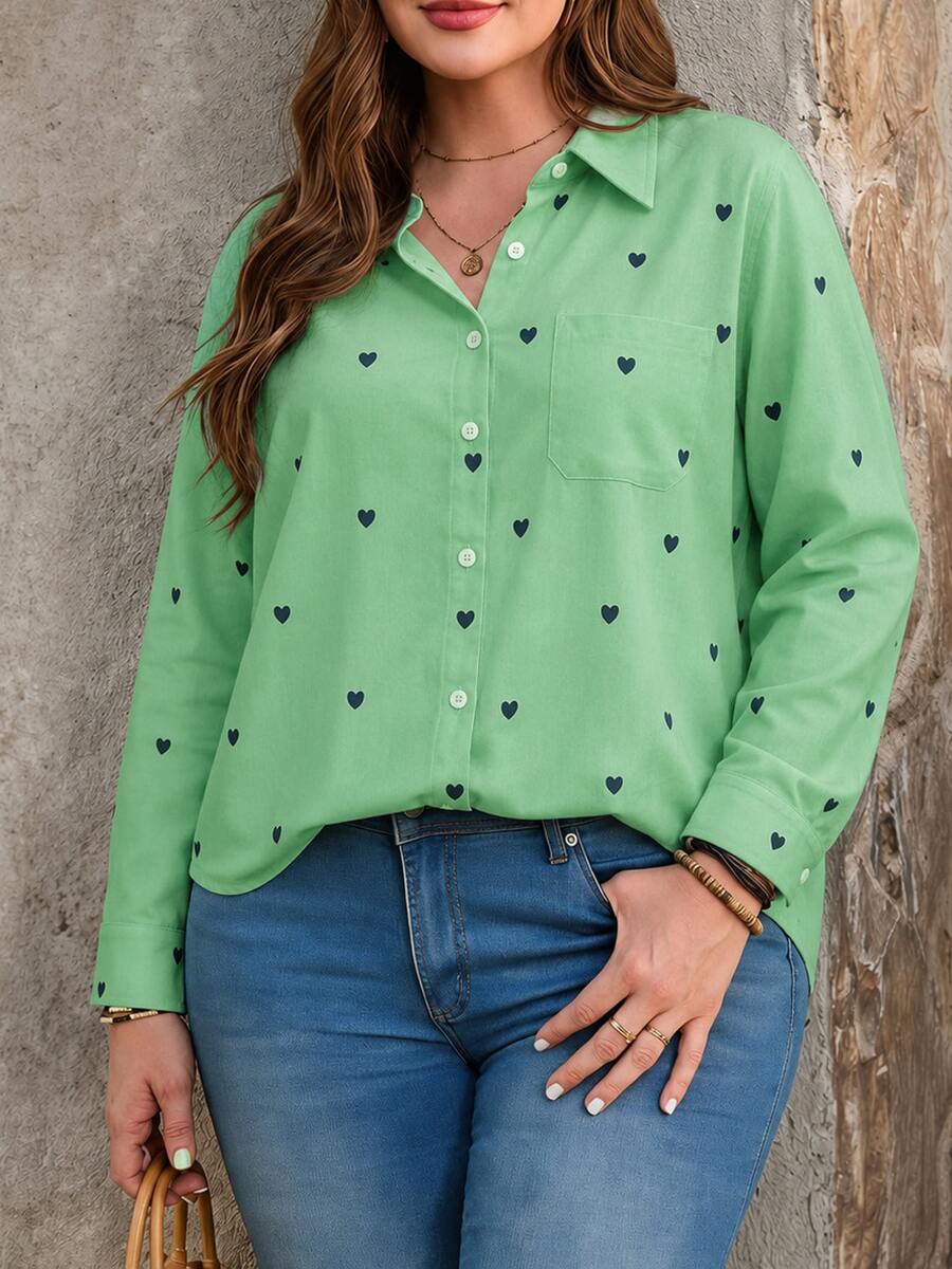 Plus Size Women's Casual Minimalist Heart Print Long Sleeve Button-Up Shirt, Suitable For Autumn Daily Wear And Commute Outfit - Green - View 1