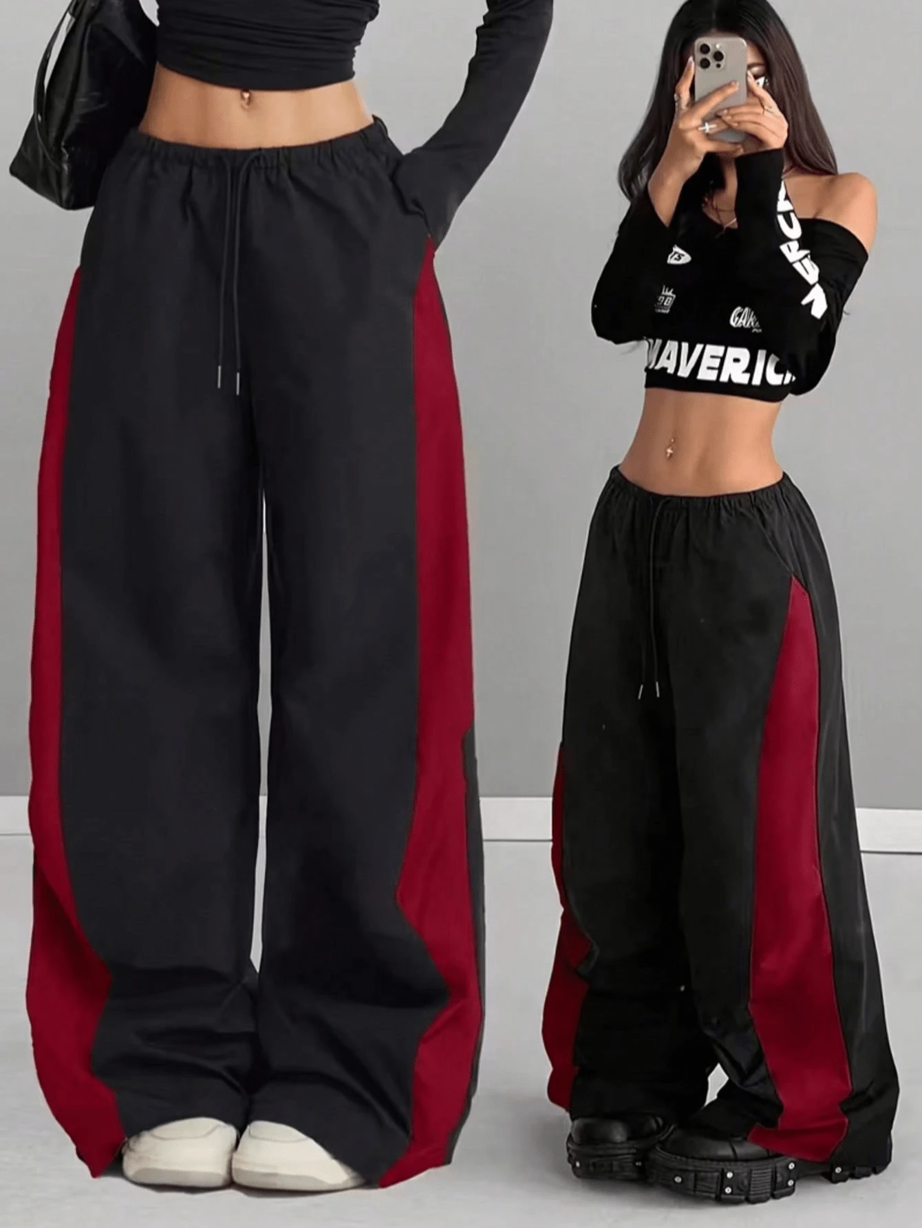 Women's Fashion New Contrast Color Patchwork Pocket Drawstring Casual Pants, Loose Straight Leg Wide Leg Cargo Pants, Versatile Slimming Slouchy For Daily Wear, Vacation, Sports, Dance, Spring Summer Autumn Winter All Seasons - Black and Red - View 1