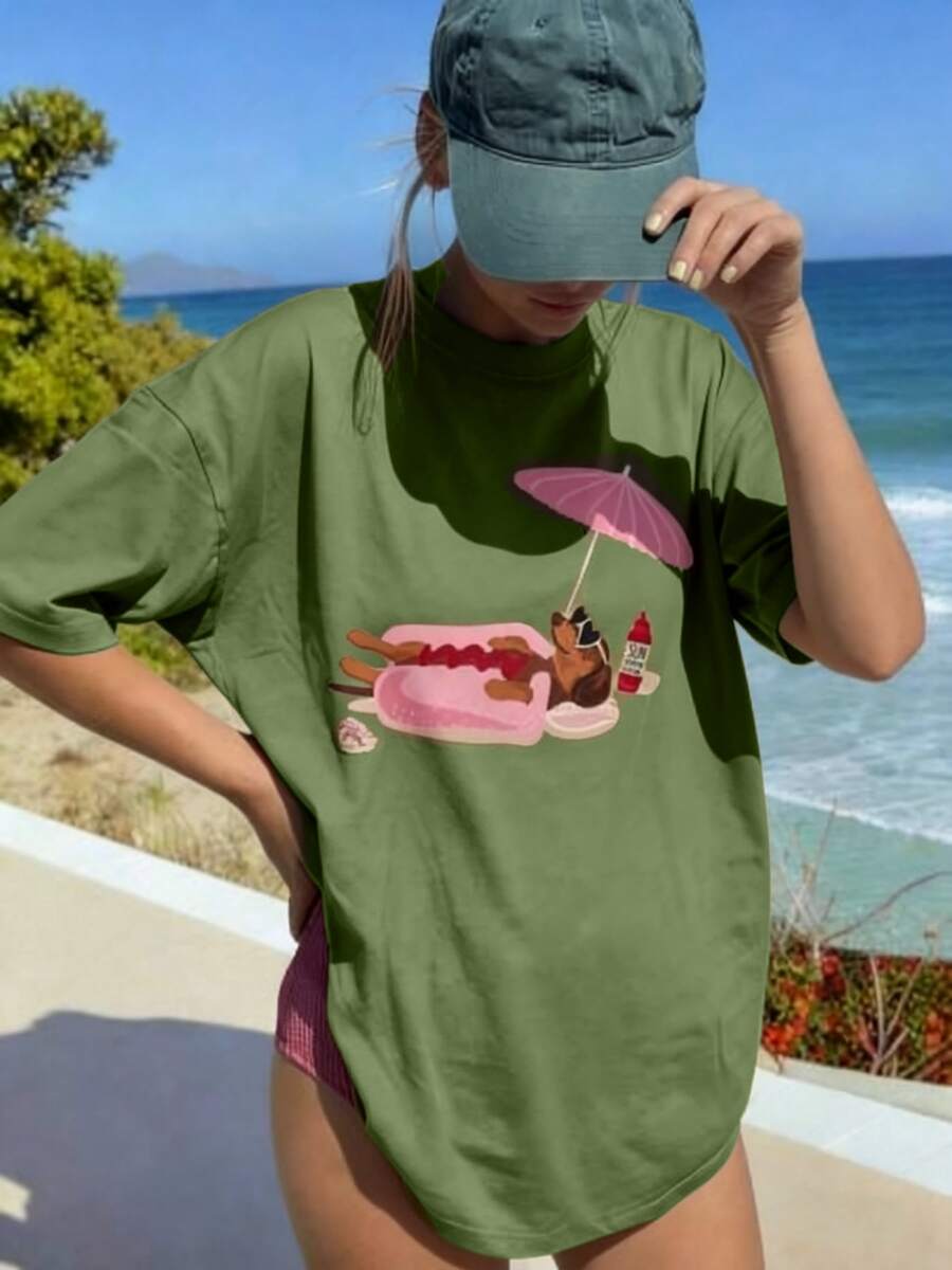 Women's Summer Beige Dachshund Print Tee, 100% Cotton Loose Crew Neck Short Sleeve T-Shirt For Casual Daily, Vacation & Spring Outfits - 綠色 - 查看 1