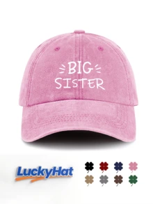 1件中性款水洗復古棒球帽「BIG SISTER」手繪標語印花可調節做舊復古Dad Hat，適合休閒家庭穿搭 - SISTER - 查看 6