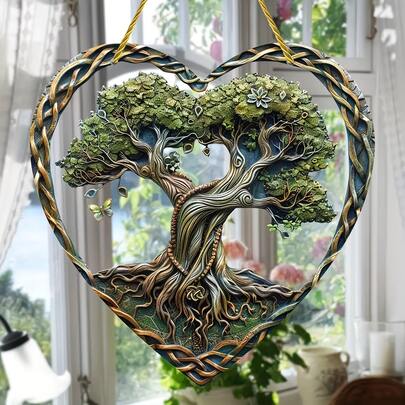 1pc Tree Of Life Acrylic Sign, Sun Catcher, Sunshade, Mother's Day Gift For Mom, Lover, Friend, Heart-Shaped Sign, Wreath Center Decoration, Painted Window Hanging, Housewarming Decor, Porch, Home Decor, Yard, Decorative Wall Art