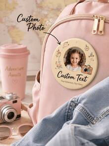 1pc Personalized Photo & Text Round Pin Badge, Custom Travel Adventure Button With Camera, Map, Compass And Airplane Design, Metal Pin Back For Backpa - Multicolor - View 2