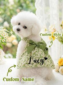 Custom Name French Pet Dress With Large Bow & Ruffled Sleeves, Small Dog Summer Princess Strap Dress, Pet Apparel For Small/Medium Dogs, Lightweight And Chic For Spring, Summer, And Early Autumn - New! - View 1