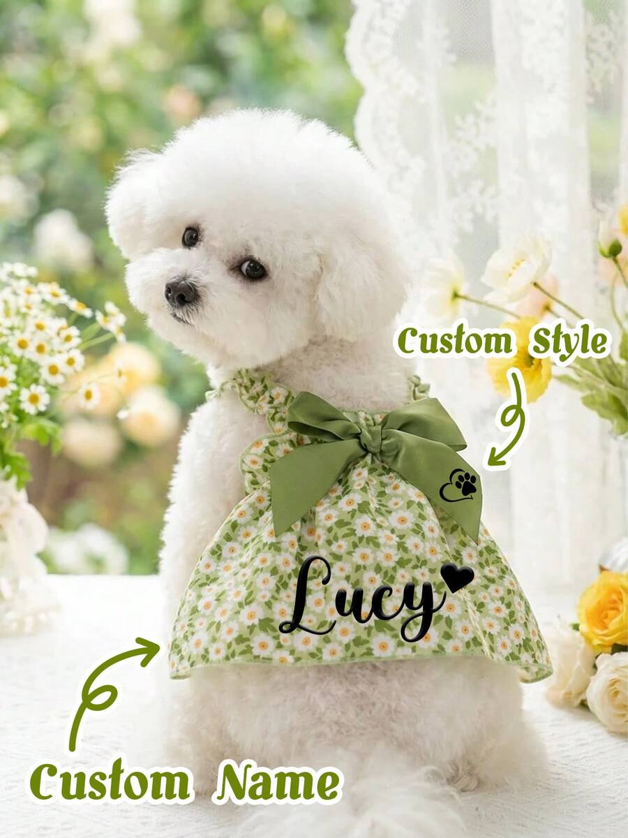 Custom Name French Pet Dress With Large Bow & Ruffled Sleeves, Small Dog Summer Princess Strap Dress, Pet Apparel For Small/Medium Dogs, Lightweight And Chic For Spring, Summer, And Early Autumn - New! - View 1