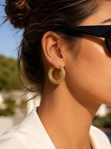 3 Pairs/Set Vintage Stainless Steel Gold-Plated Textured Woven Mesh Dragon Scale Pattern Thick Hoop Earrings Set, For Women's Daily Wear - Yellow Gold - View 3