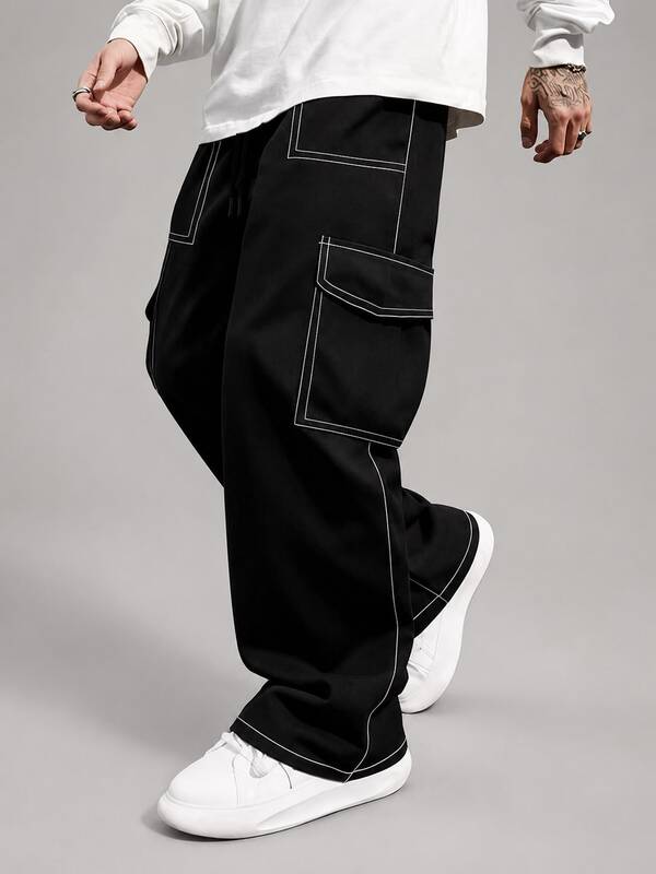 Pantalones de chándal de pierna recta con cordón y múltiples bolsillos para hombre, pantalones largos casuales para exteriores, adecuados para primavera, verano, otoño e invierno, todas las estaciones, deportes al aire libre
