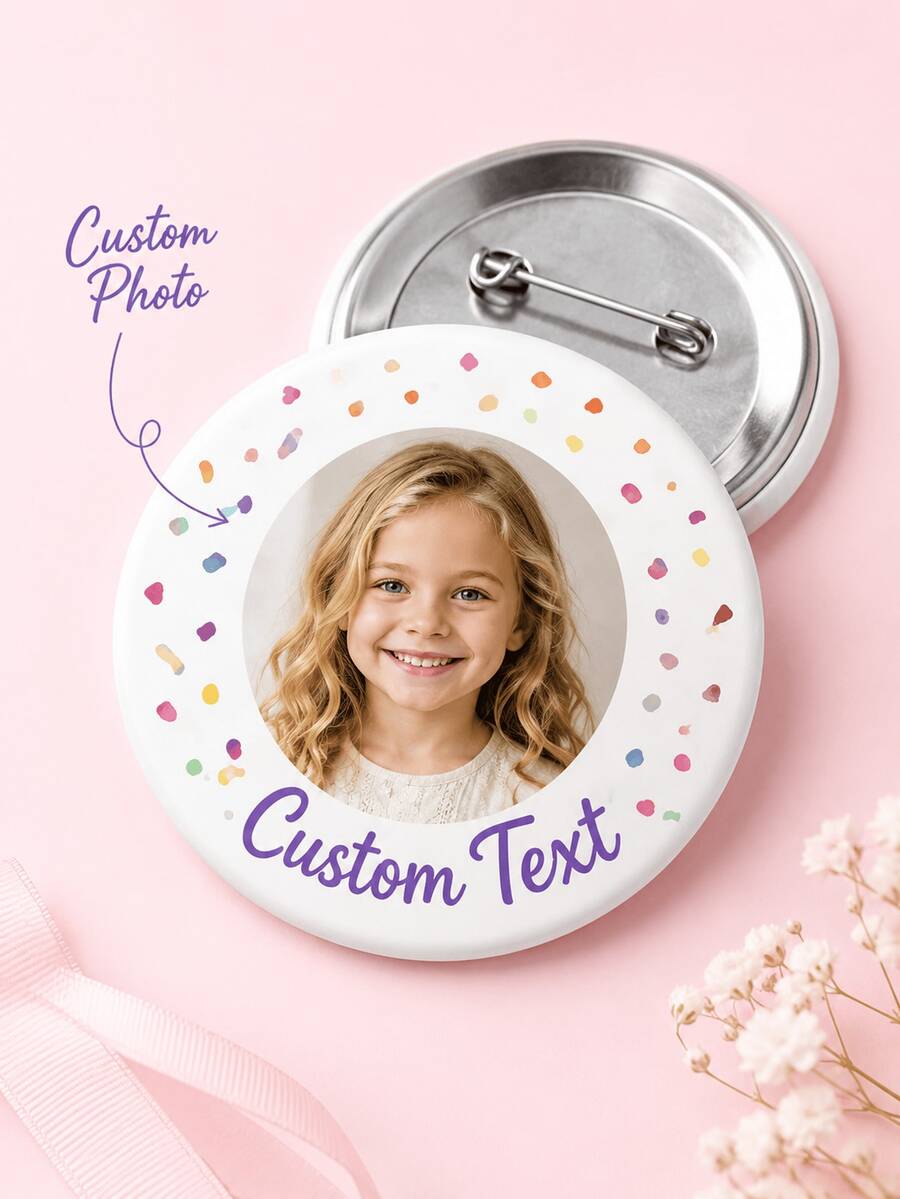 1pc Custom Photo Confetti Button Badge, Personalized Round Pin With Picture And Custom Text, Cute Colorful Dot Design, Glossy Tinplate Brooch For Kids - Multicolor - View 1