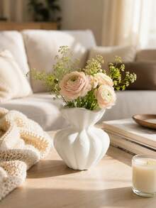 Modern White Vase For Home Decor, Nordic Style Ribbed Flower Vase With Organic Fluted Shape, Elegant Accent For Coffee Table, Console Table, Bookshelf, Mantel, Living Room, Wedding And Housewarming Gift - Multicolor - View 4